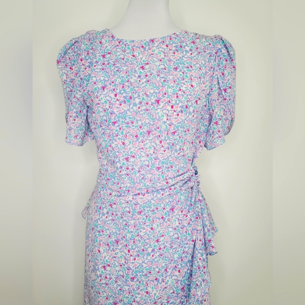 Jody California Vintage Peplum Dress in Purle and Aqua Floral Size 7/8 S 80s 90s